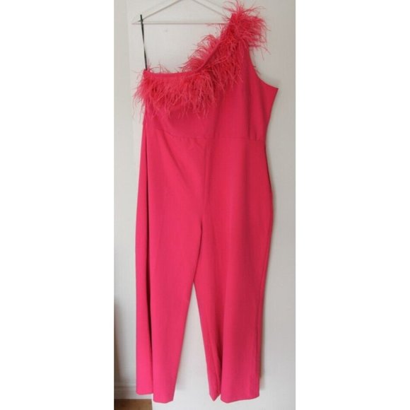Karen Millen Pink Ostrich Feather One Shoulder Jumpsuit Sz 20 Plus NWT - Picture 5 of 8